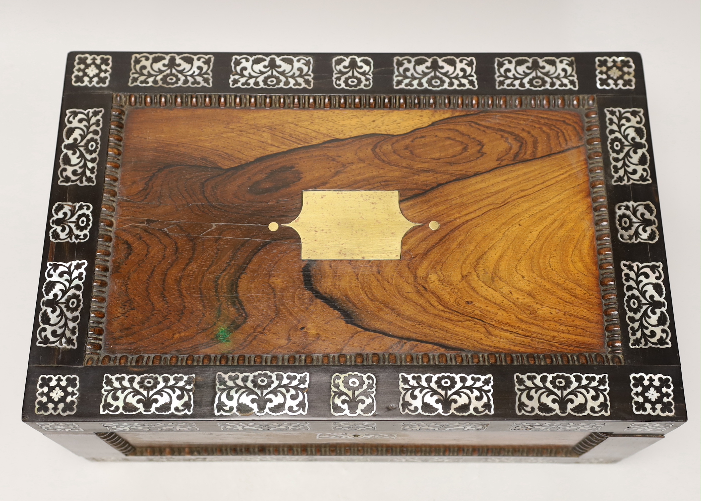 A Victorian rosewood, mother of pearl inlaid, writing slope, 40.5cm wide, 26.5cm deep, 17cm high